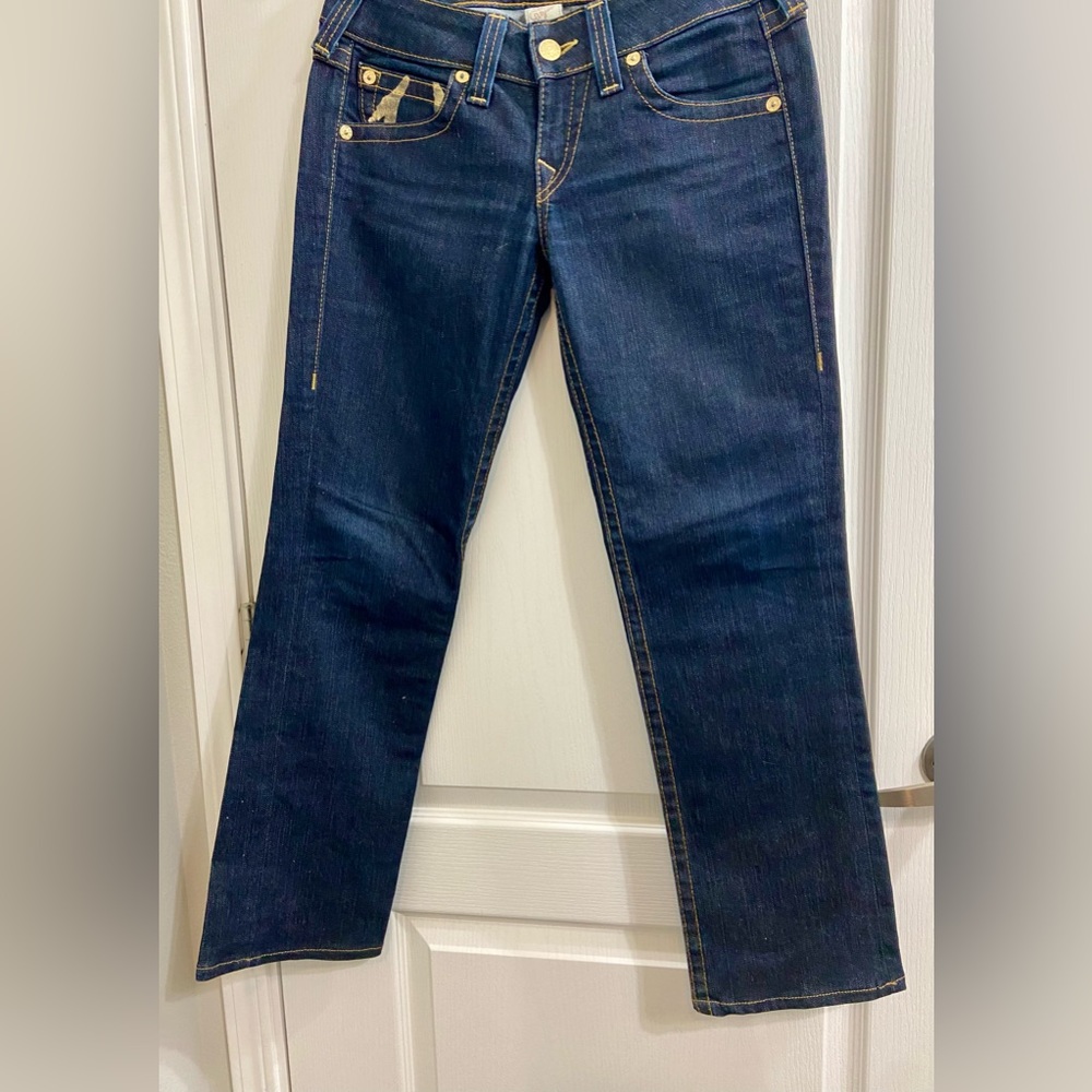 True Religion Joey Gold Foil Pocket Flare Blue Jeans Size 29 x 28.5